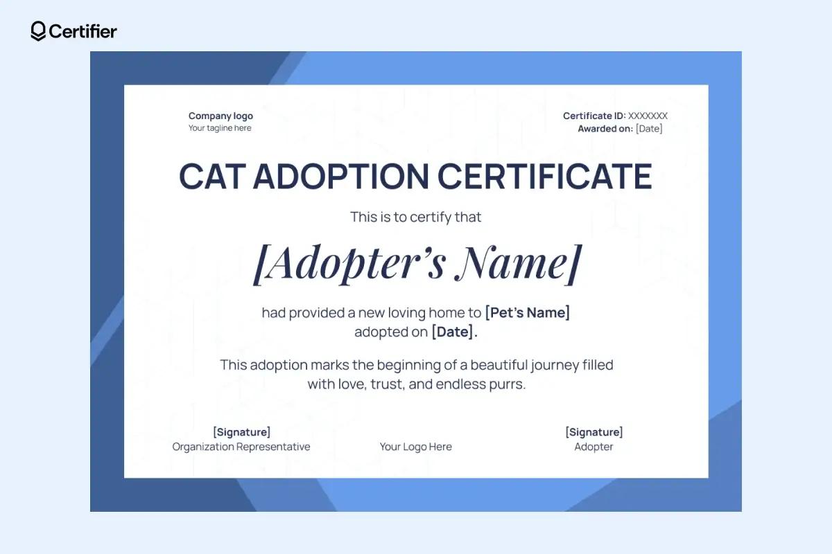 A blue-bordered free cat adoption certificate template Word confirming a cat's adoption, making it an ideal dog adoption certificate template free or cat certificate for pet lovers. A blue-bordered free cat adoption certificate template Word confirming a cat's adoption, making it an ideal dog adoption certificate template free or cat certificate for pet lovers.
