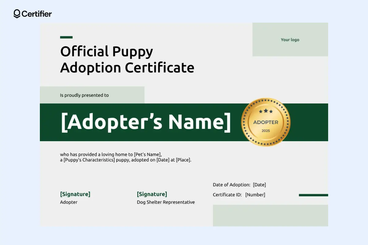 A modern dog adoption certificate template free with a bold green banner and gold adoption seal, available as a free pet adoption certificate template Word for puppy adoptions. A modern dog adoption certificate template free with a bold green banner and gold adoption seal, available as a free pet adoption certificate template Word for puppy adoptions.