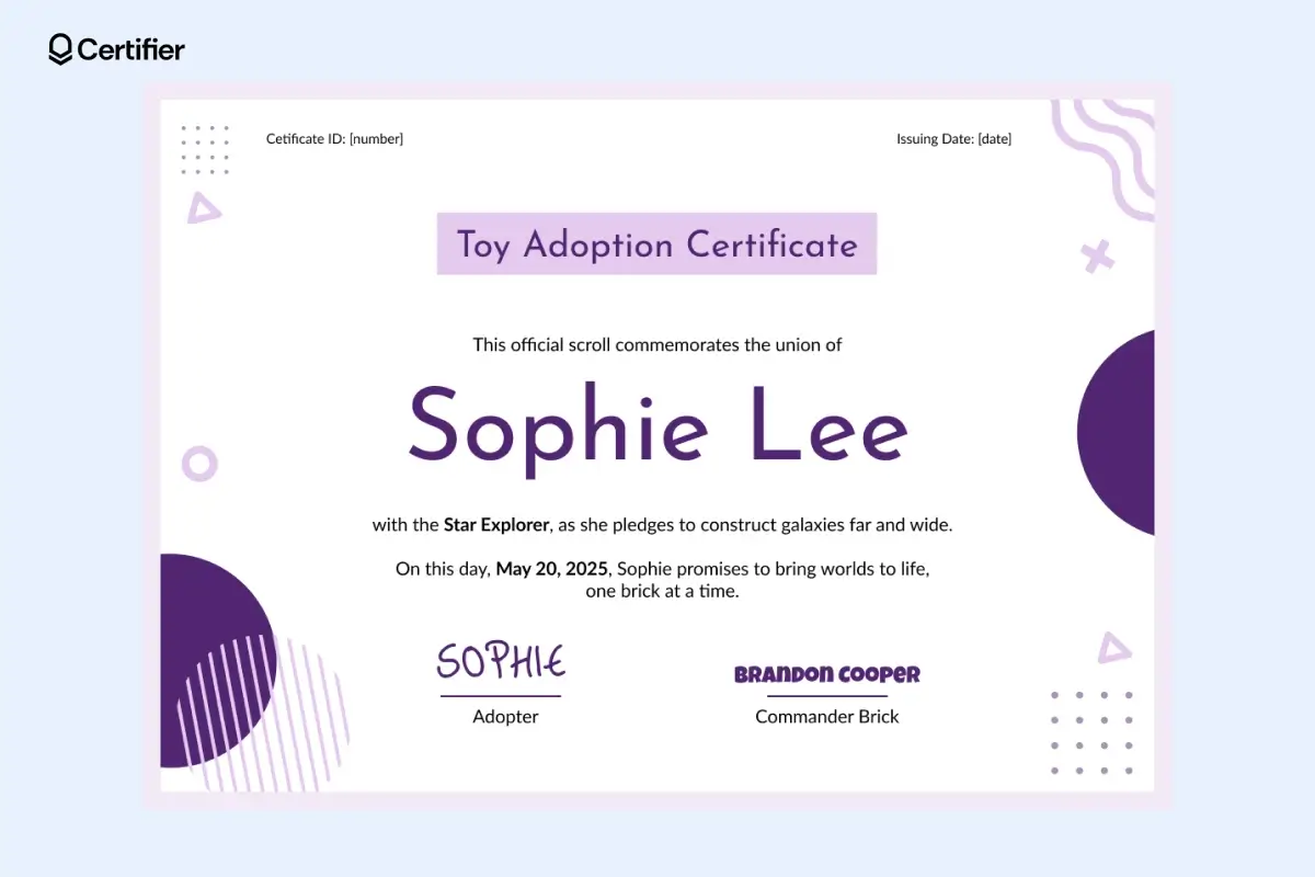 A vibrant purple adoption certificate template cute for toy adoptions, featuring a whimsical design, perfect as a template adoption certificate template for playtime fun. A vibrant purple adoption certificate template cute for toy adoptions, featuring a whimsical design, perfect as a template adoption certificate template for playtime fun.