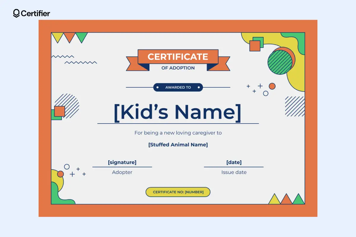 A colorful adoption certificate Word template for stuffed animal adoptions, making it a customizable free pet adoption certificate template Word for children’s activities. A colorful adoption certificate Word template for stuffed animal adoptions, making it a customizable free pet adoption certificate template Word for children’s activities.