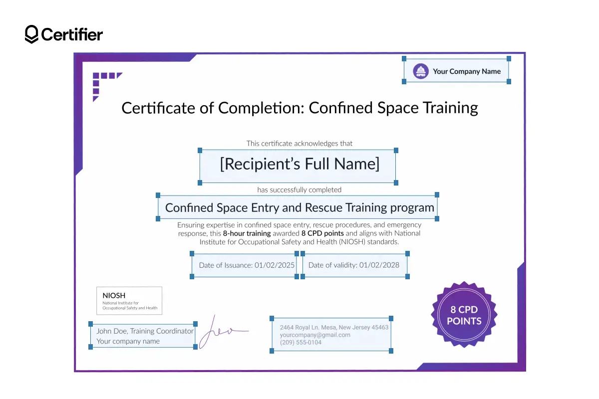 Confined space training certificate template with editable elements like recipient’s name, course title, date of issue and date of validity. Confined space training certificate template with editable elements like recipient’s name, course title, date of issue and date of validity.
