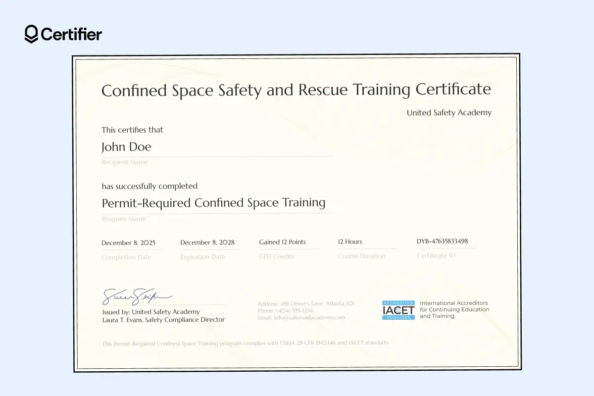 A confined space training certificate template for Permit-Required Confined Space Training, including fields for CPD points, hours and completion details. A confined space training certificate template for Permit-Required Confined Space Training, including fields for CPD points, hours and completion details.