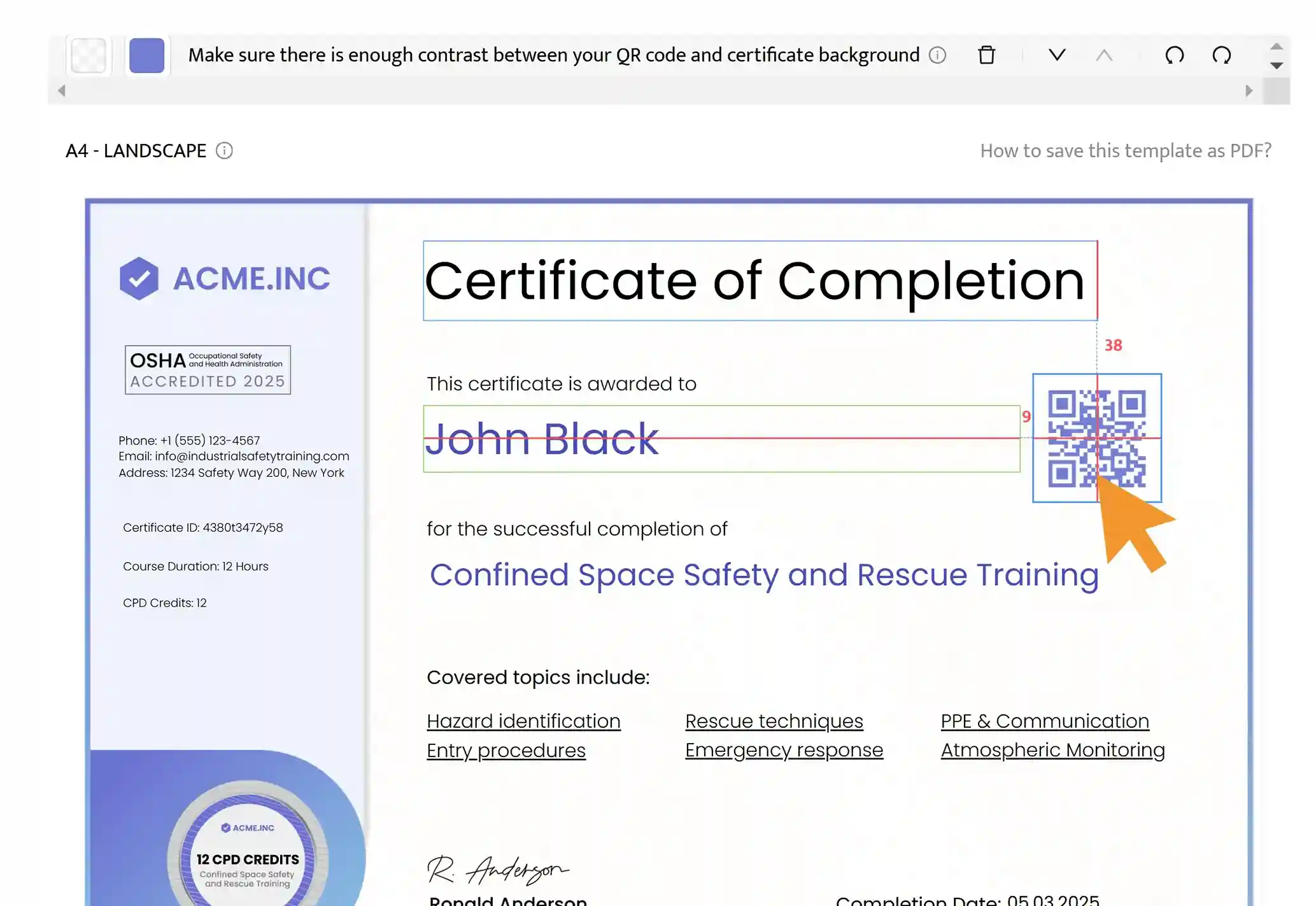 Uploading a QR code on a confined space training certificate template. Uploading a QR code on a confined space training certificate template.