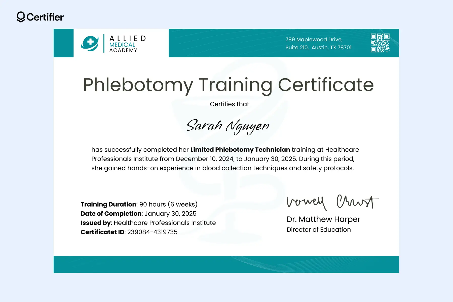 A phlebotomy certificate online awarded for successfully finishing an internet-based phlebotomy training program with hands-on experience. A phlebotomy certificate online awarded for successfully finishing an internet-based phlebotomy training program with hands-on experience.