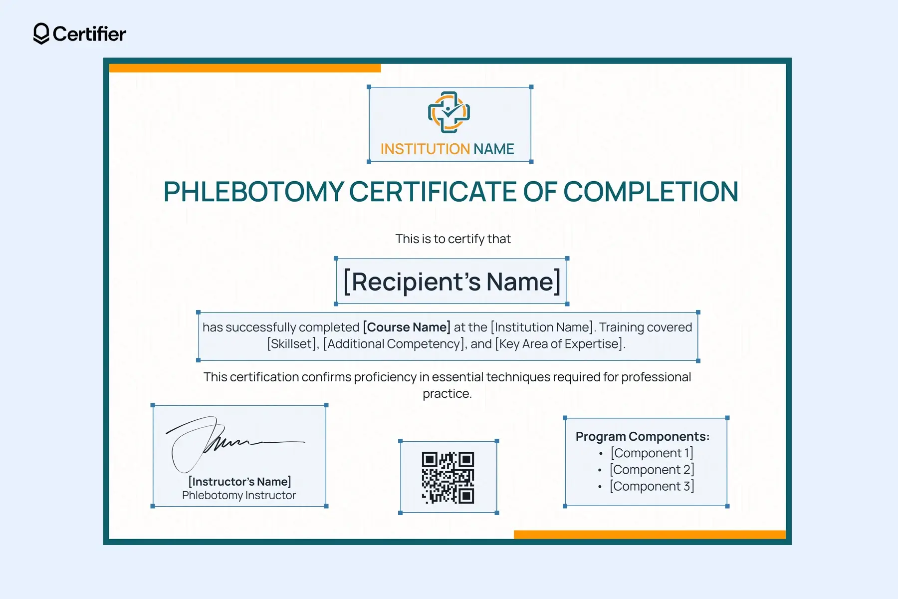 Phlebotomy certificate template displaying completion of a certified phlebotomy training program with editable fields Phlebotomy certificate template displaying completion of a certified phlebotomy training program with editable fields