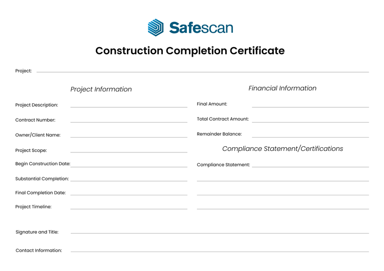 Professional and reliable construction completion certificate template