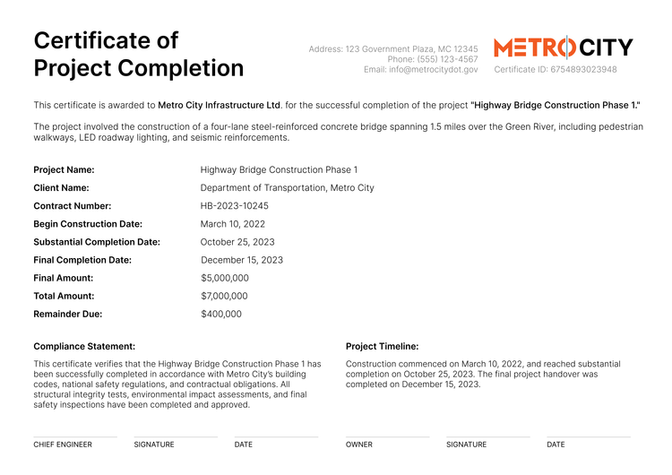 Professional and reliable construction completion certificate template