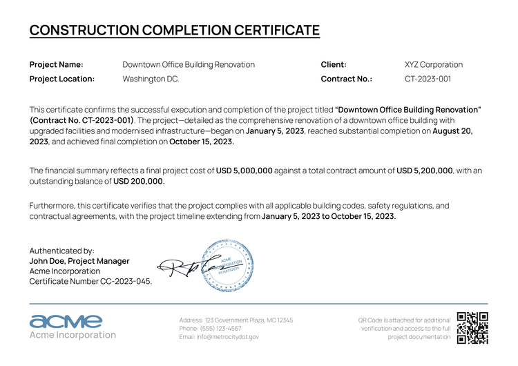 Professional and timeless construction completion certificate template