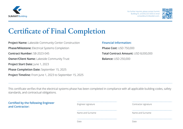 Technical and professional construction completion certificate template