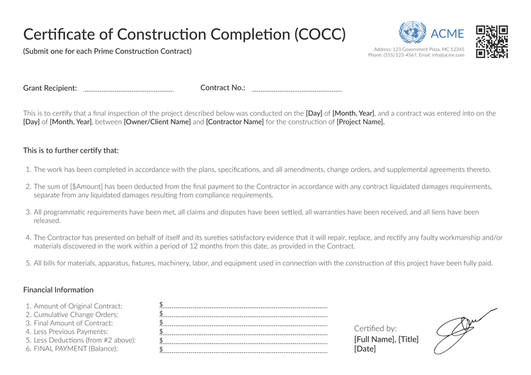 Precise and professional construction completion certificate template