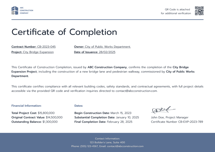 Understated and professional construction completion certificate template