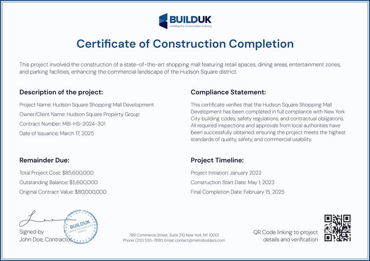Professional and minimalist construction completion certificate template