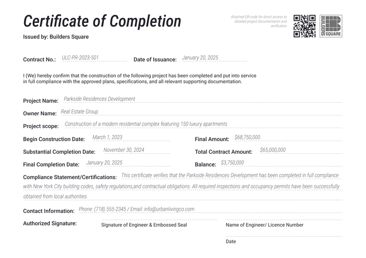 Professional and trustworthy construction completion certificate template