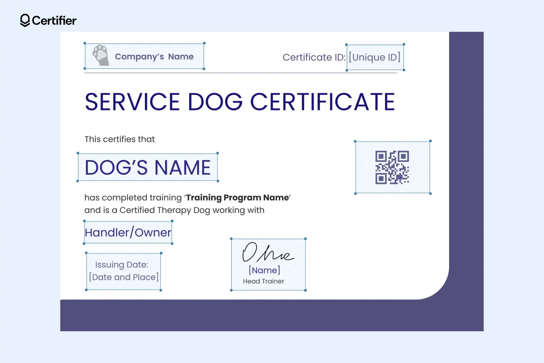 Blank service dog certificate template with customizable fields for the dog's name, handler and training details. Blank service dog certificate template with customizable fields for the dog's name, handler and training details.