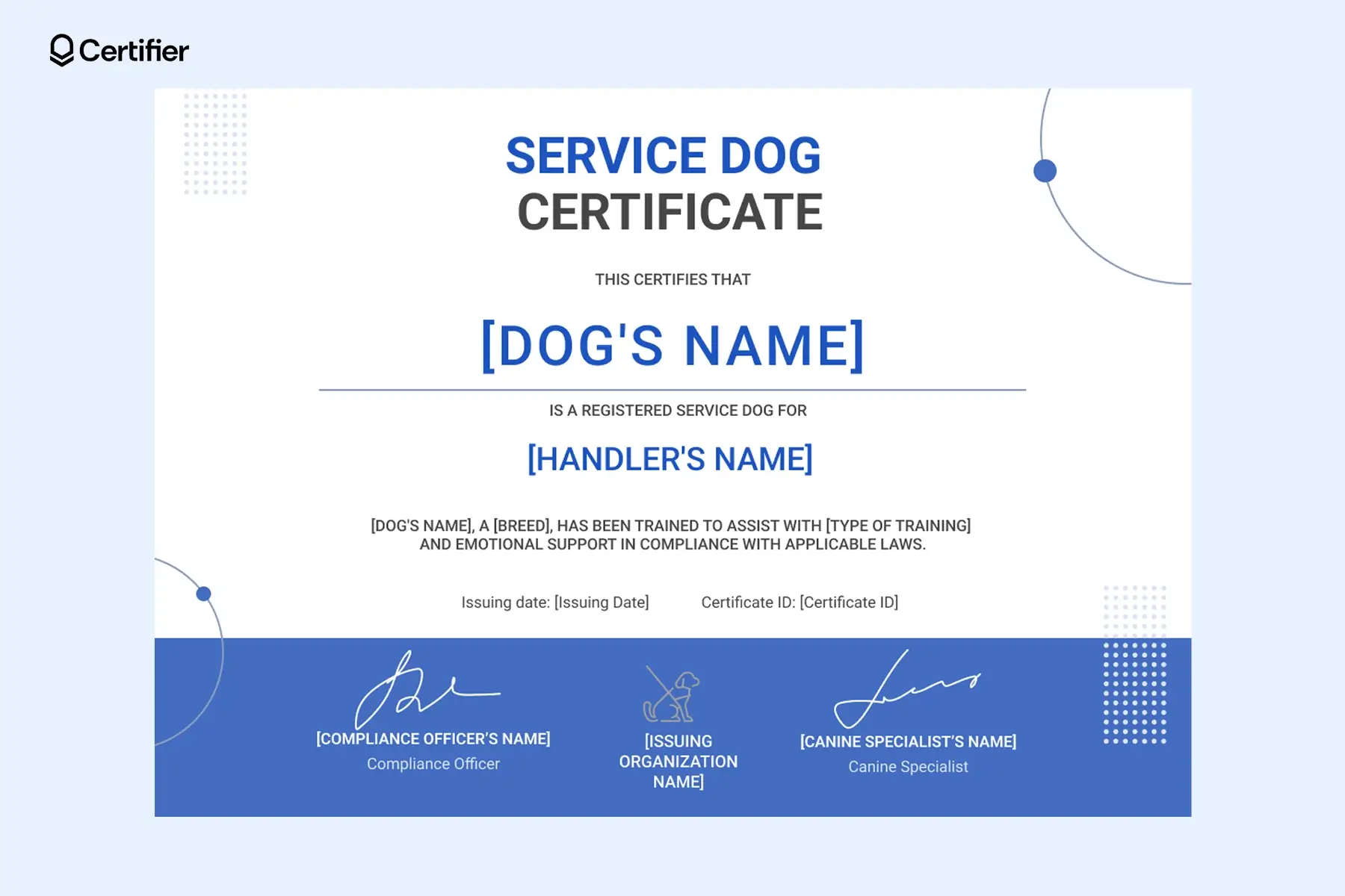 Free printable fillable blank service dog certificate template Word with bold typography, structured layout, and space for signatures and certificate ID. Free printable fillable blank service dog certificate template Word with bold typography, structured layout, and space for signatures and certificate ID.