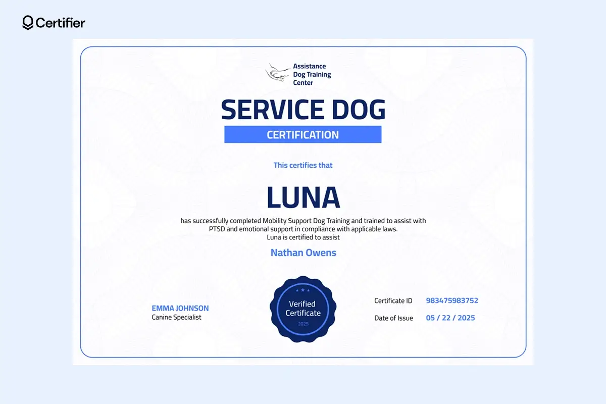 Blue free printable fillable blank service dog certificate template Word format with logo, badge, certificate ID, dog’s name, issuer’s name. Blue free printable fillable blank service dog certificate template Word format with logo, badge, certificate ID, dog’s name, issuer’s name.