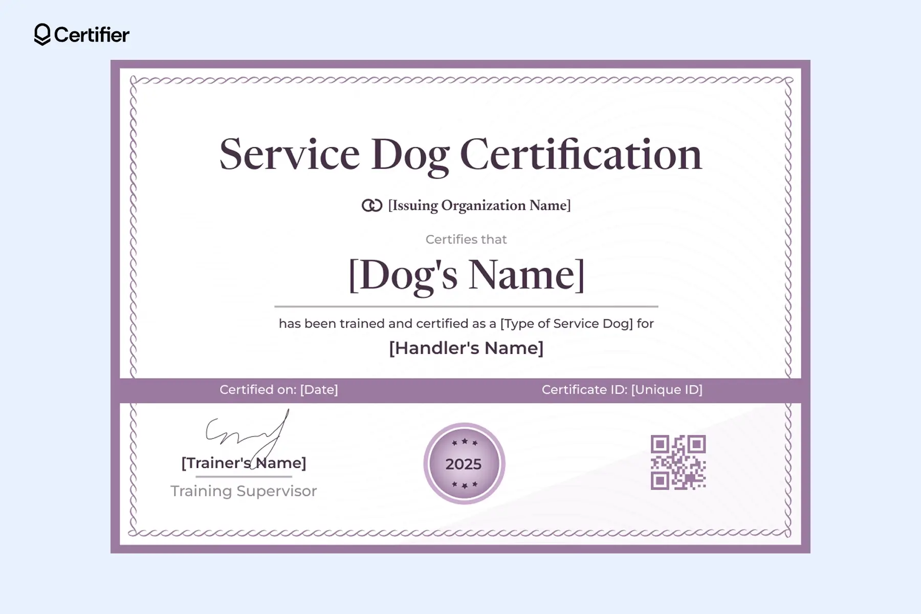 Pink service dog certificate template printable with a formal design, certification details, and a QR code for verification. Pink service dog certificate template printable with a formal design, certification details, and a QR code for verification.