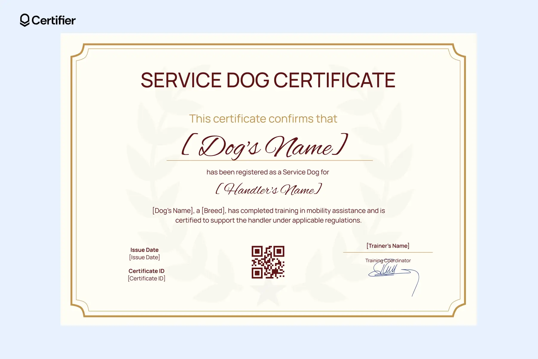 Yellow service dog certificate template printable format; with decorative border and professional layout. Yellow service dog certificate template printable format; with decorative border and professional layout.