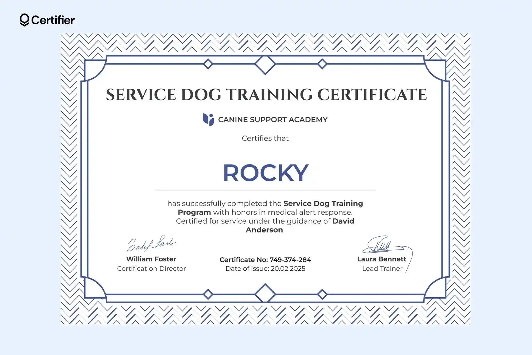 Service dog certificate template PDF format with logo, signatures and formal text confirming certification. Service dog certificate template PDF format with logo, signatures and formal text confirming certification.