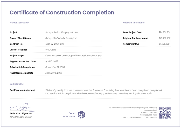 Professional and contemporary construction completion certificate template