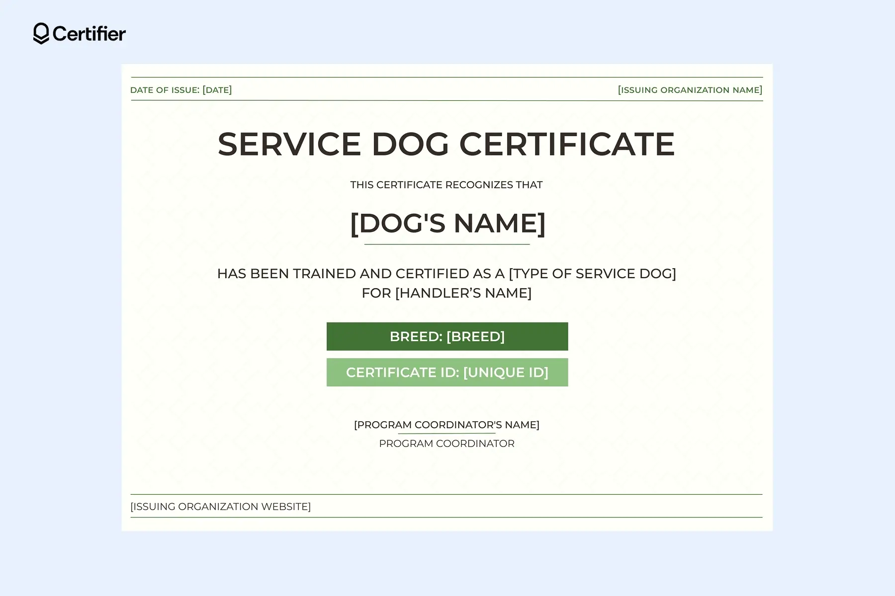 Green service dog certificate free template featuring a mobility assistance certification layout with structured details. Green service dog certificate free template featuring a mobility assistance certification layout with structured details.