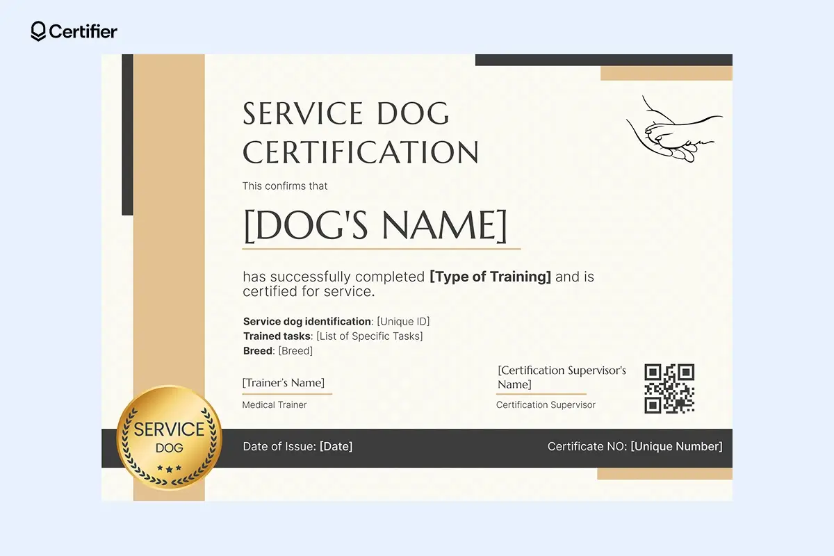 Free service dog certificate template in golden brown design with certification details, trainer signatures, and QR code verification. Free service dog certificate template in golden brown design with certification details, trainer signatures, and QR code verification.