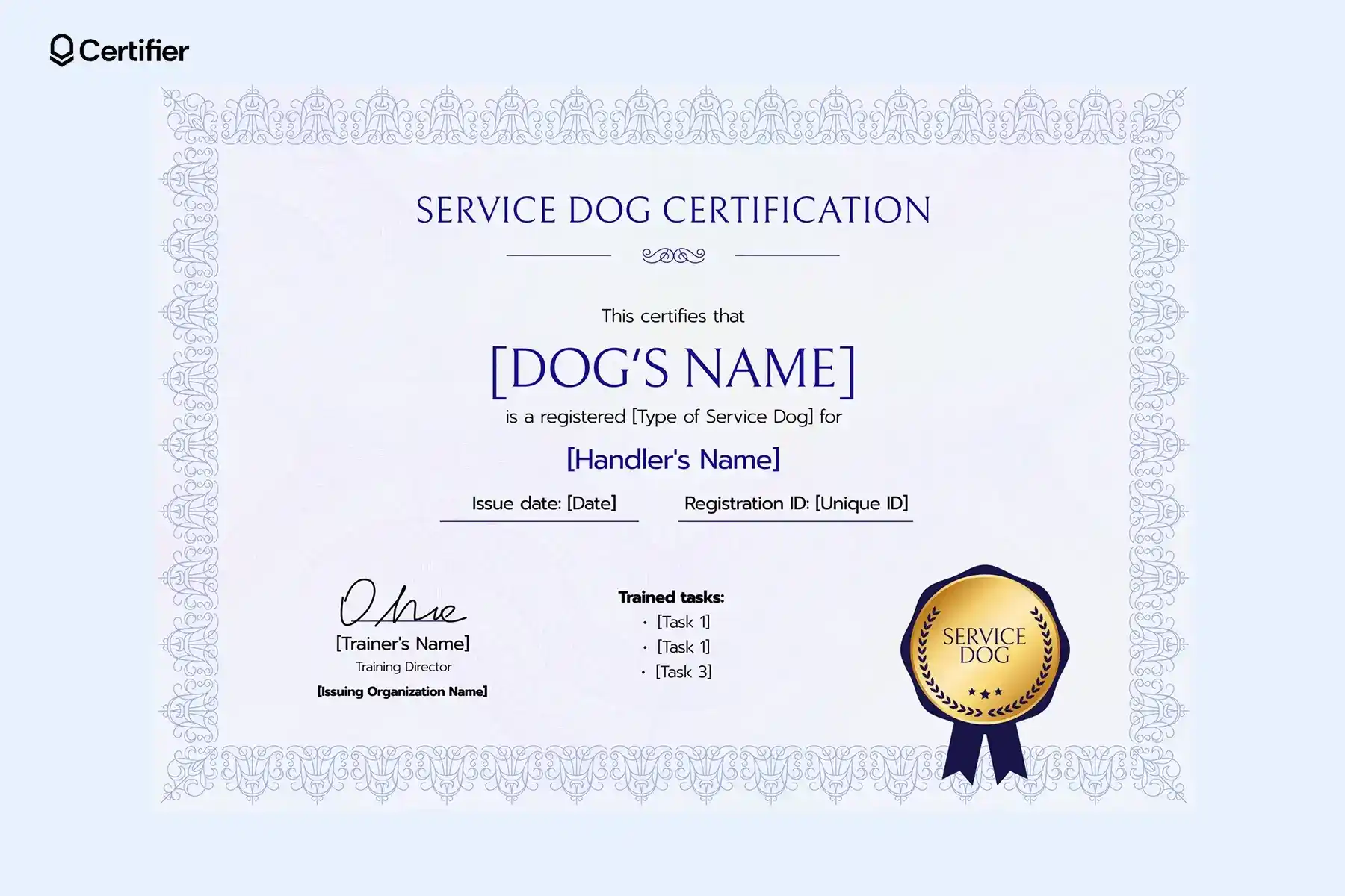 Free printable service dog certificate template in lavender tones with a decorative border, certification badge, and signature fields. Free printable service dog certificate template in lavender tones with a decorative border, certification badge, and signature fields.