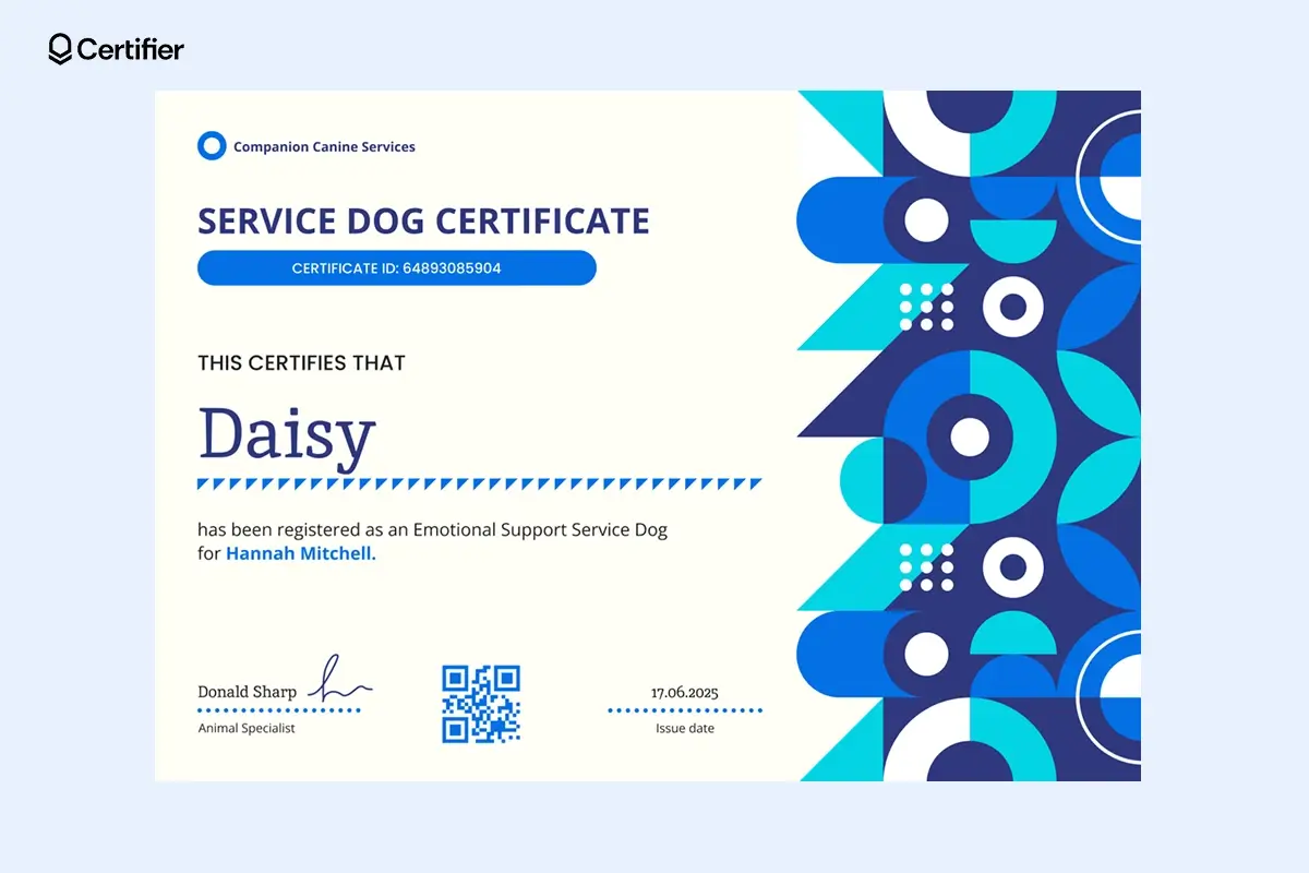 Vibrant blue service dog certificate free template with geometric patterns, certificate ID and space for handler details. Vibrant blue service dog certificate free template with geometric patterns, certificate ID and space for handler details.