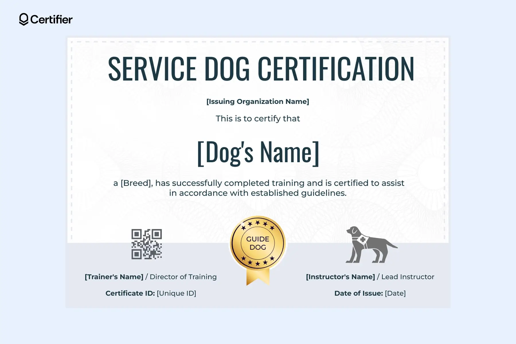Service dog certificate template free with a clean layout, golden badge, and designated fields for dog ID card template free download. Service dog certificate template free with a clean layout, golden badge, and designated fields for dog ID card template free download.