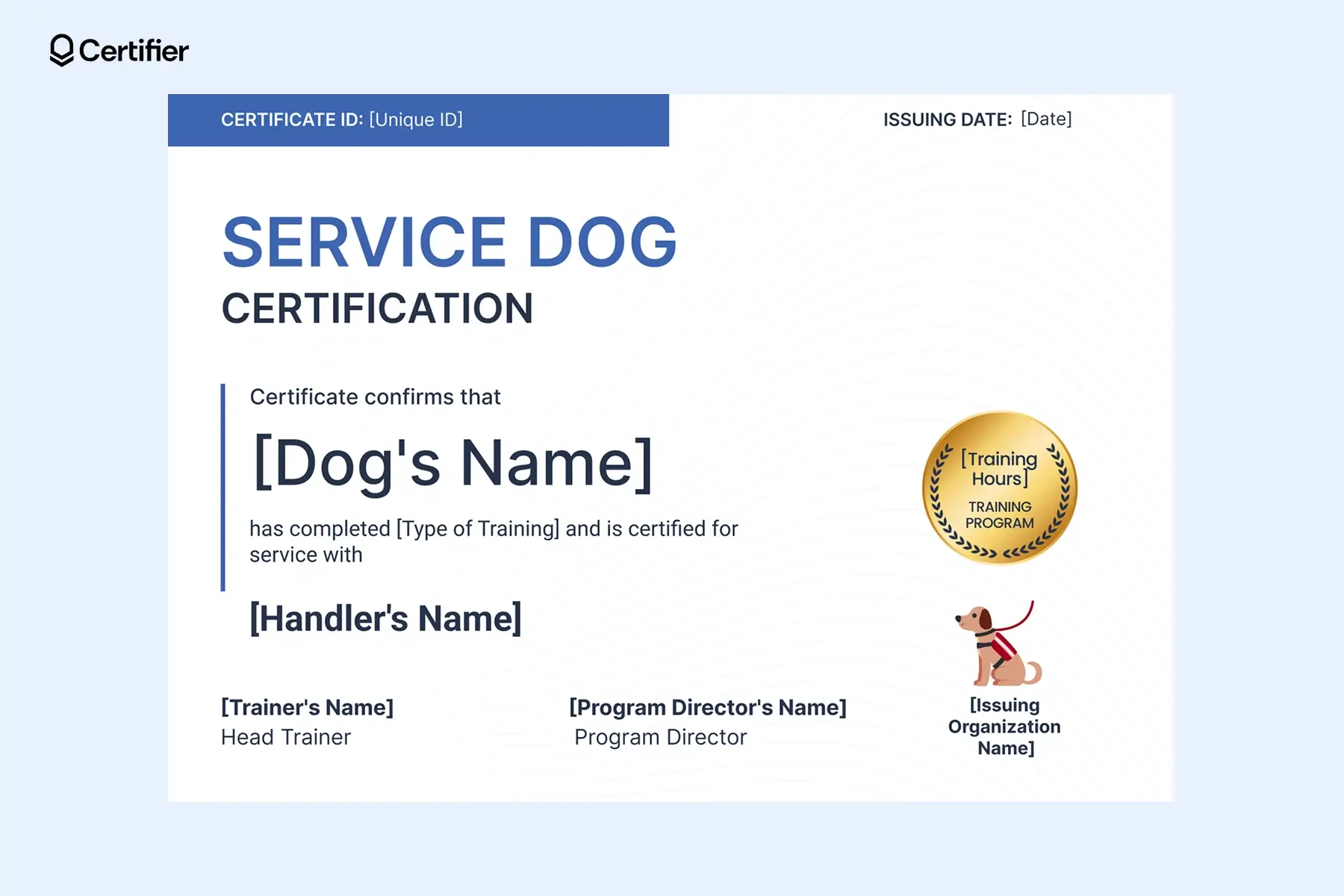 Professional template service dog certificate template with certificate ID, trainer signatures, and PTSD service dog training details Professional template service dog certificate template with certificate ID, trainer signatures, and PTSD service dog training details