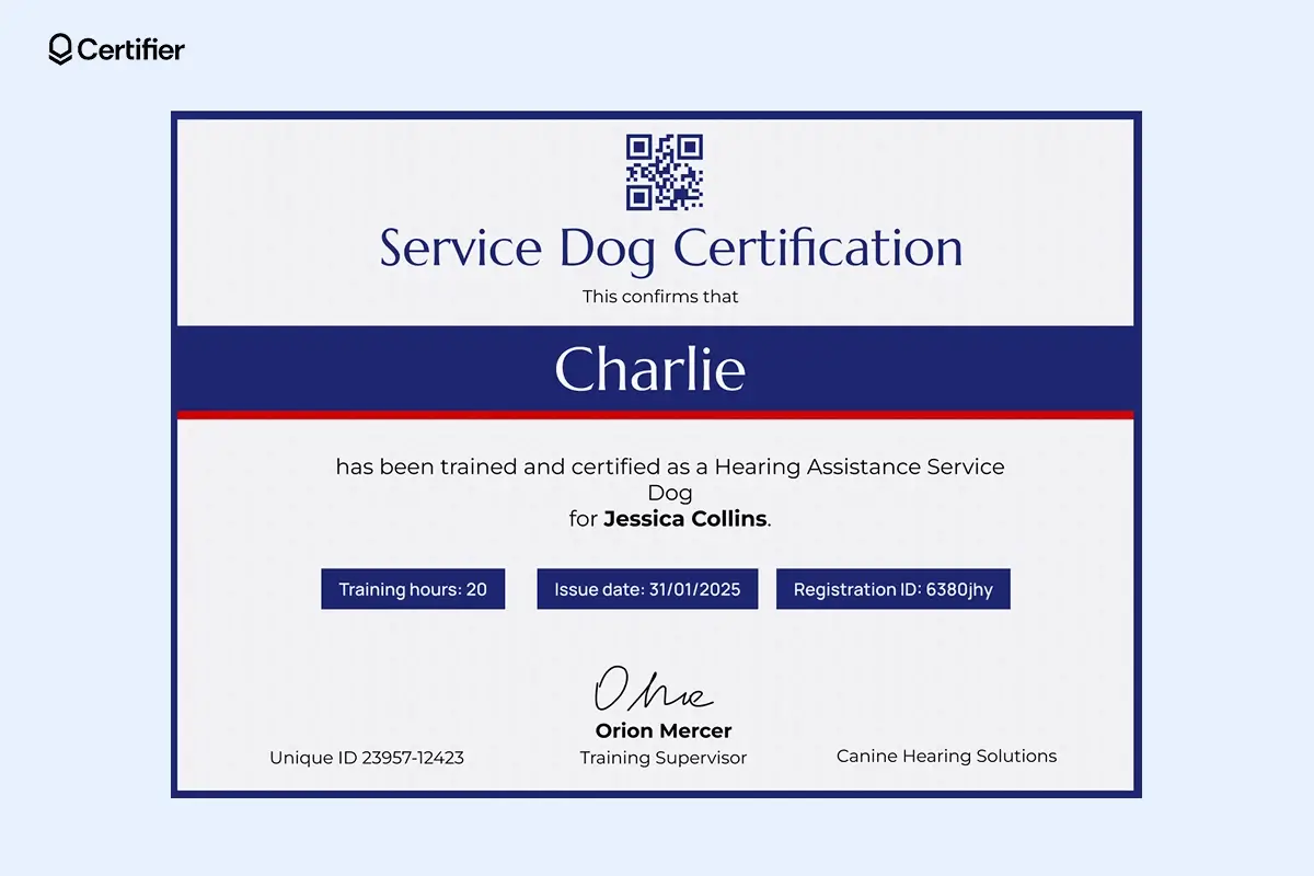 Service dog training certificate template with a bold layout, unique ID, training hours, and registration details. Service dog training certificate template with a bold layout, unique ID, training hours, and registration details.