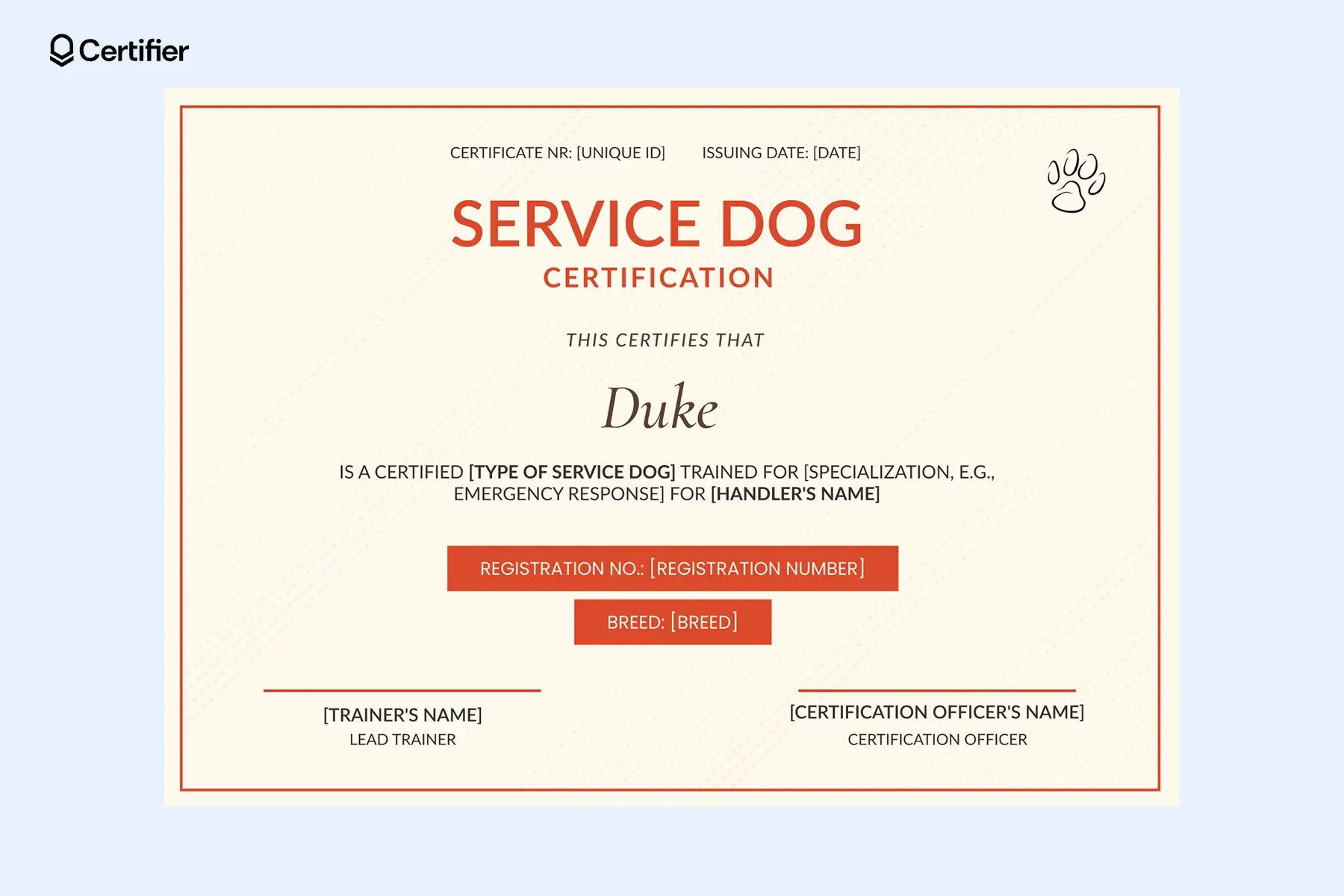 Orange template service dog certificate template with a sleek design, certification dates, and service dog eligibility confirmation. Orange template service dog certificate template with a sleek design, certification dates, and service dog eligibility confirmation.