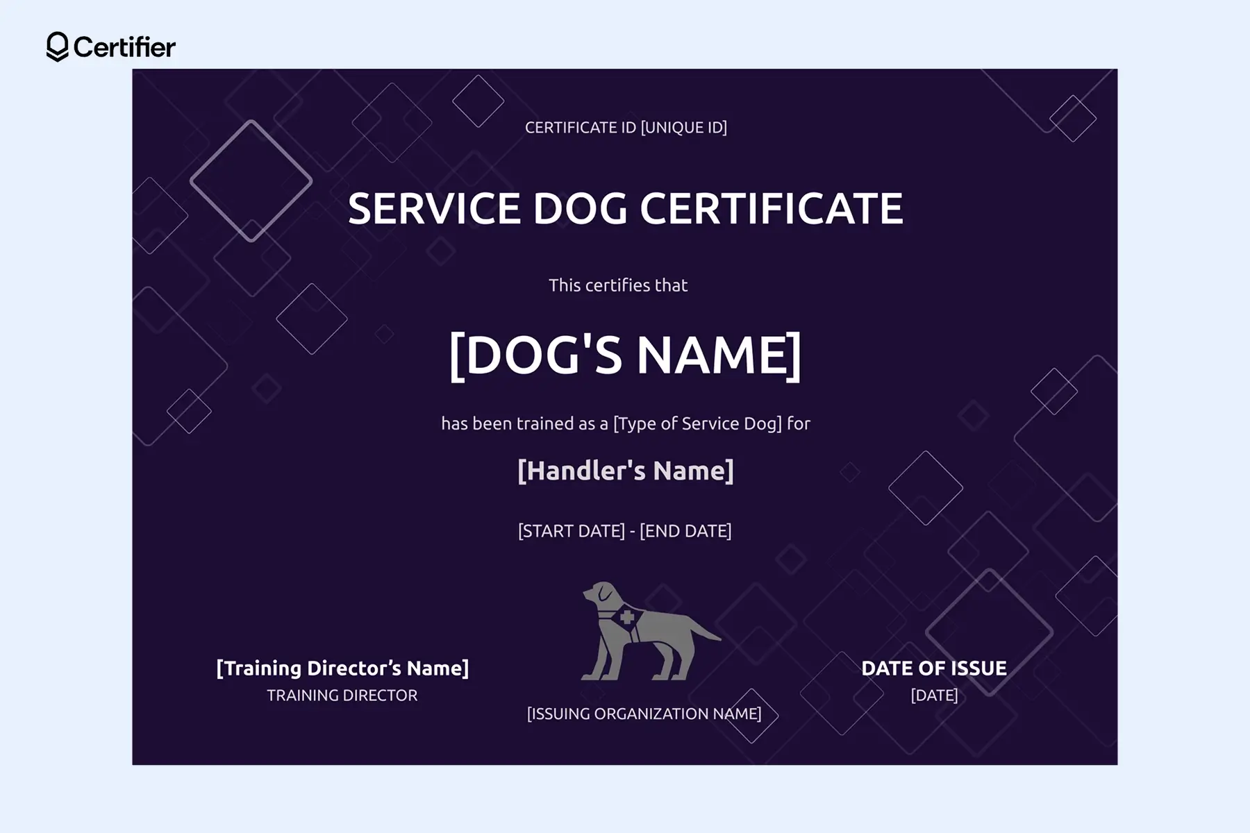 Template service dog certificate template in navy blue with a sleek design, certification dates, and service dog eligibility confirmation. Template service dog certificate template in navy blue with a sleek design, certification dates, and service dog eligibility confirmation.