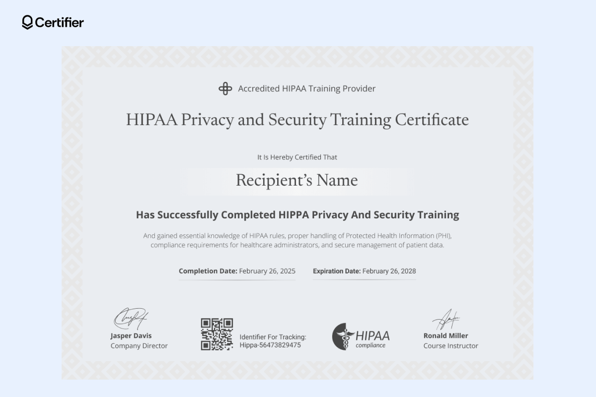 A free printable HIPAA training certificate template featuring signatures, an official seal and a certificate number, verifying the completion of HIPAA compliance training and adherence to federal regulations. A free printable HIPAA training certificate template featuring signatures, an official seal and a certificate number, verifying the completion of HIPAA compliance training and adherence to federal regulations.