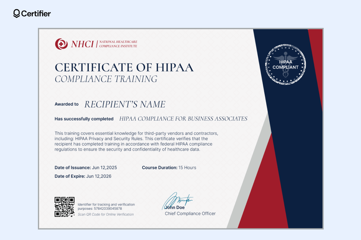 A printable HIPAA training certificate template designed for business associates, displaying a bold title, official compliance seal and issuance and expiration dates, certifying HIPAA compliance training completion. A printable HIPAA training certificate template designed for business associates, displaying a bold title, official compliance seal and issuance and expiration dates, certifying HIPAA compliance training completion.
