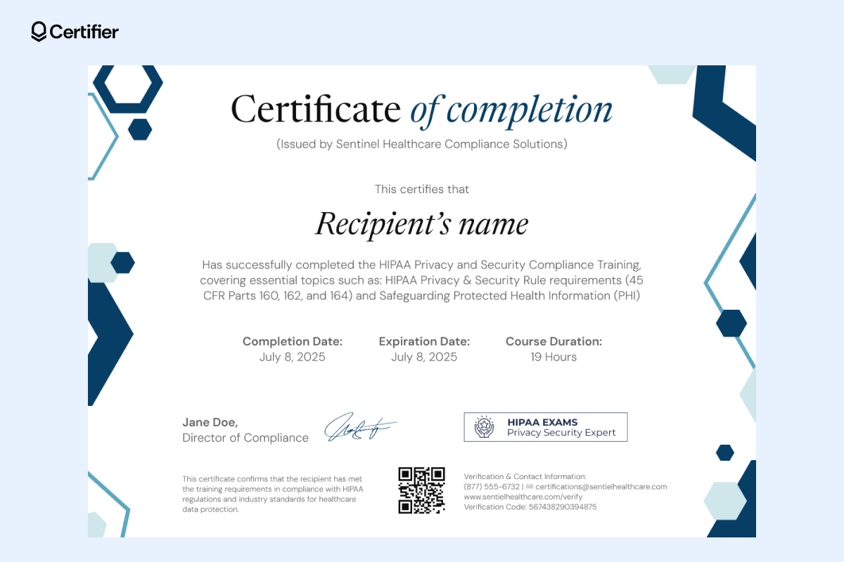 A free printable HIPAA training certificate template featuring a geometric blue design, compliance director’s signature and a verification QR code. A free printable HIPAA training certificate template featuring a geometric blue design, compliance director’s signature and a verification QR code.