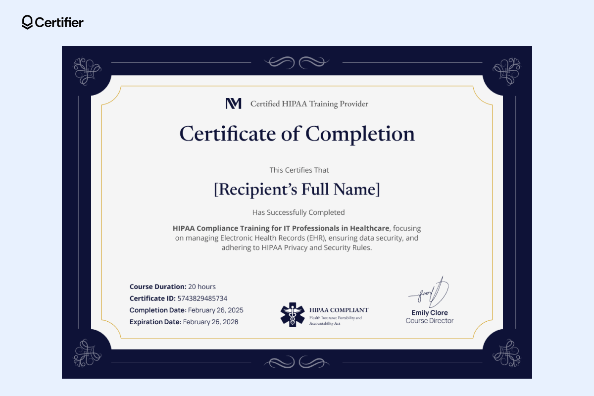 A free HIPAA training certificate with an elegant dark-themed border, official compliance seal, and a certification number, confirming completion of IT professionals’ HIPAA compliance training. A free HIPAA training certificate with an elegant dark-themed border, official compliance seal, and a certification number, confirming completion of IT professionals’ HIPAA compliance training.