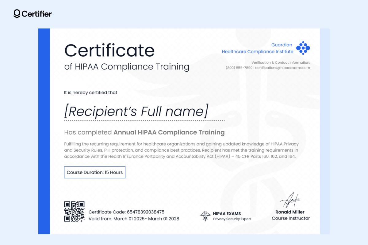 A HIPAA training certificate template formatted with a validation QR code, certification number and training provider’s contact information, confirming the recipient’s successful HIPAA compliance training. A HIPAA training certificate template formatted with a validation QR code, certification number and training provider’s contact information, confirming the recipient’s successful HIPAA compliance training.
