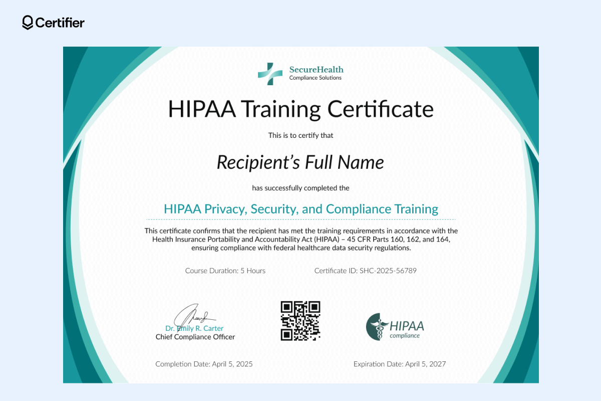 A HIPAA training certificate template featuring a modern design with a compliance officer’s signature, QR code for verification and certification details. A HIPAA training certificate template featuring a modern design with a compliance officer’s signature, QR code for verification and certification details.