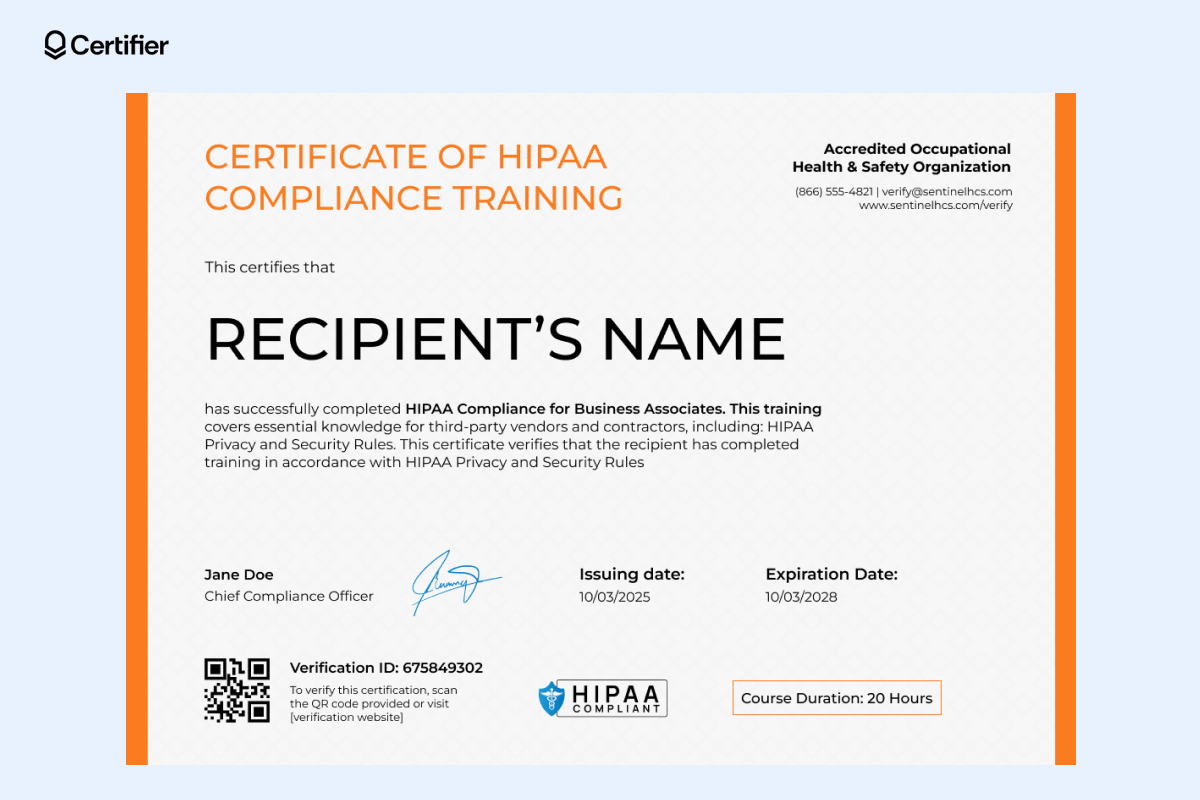 A HIPAA training certificate template designed for third-party vendors and contractors, showcasing a minimalist design, signature section and course duration. A HIPAA training certificate template designed for third-party vendors and contractors, showcasing a minimalist design, signature section and course duration.