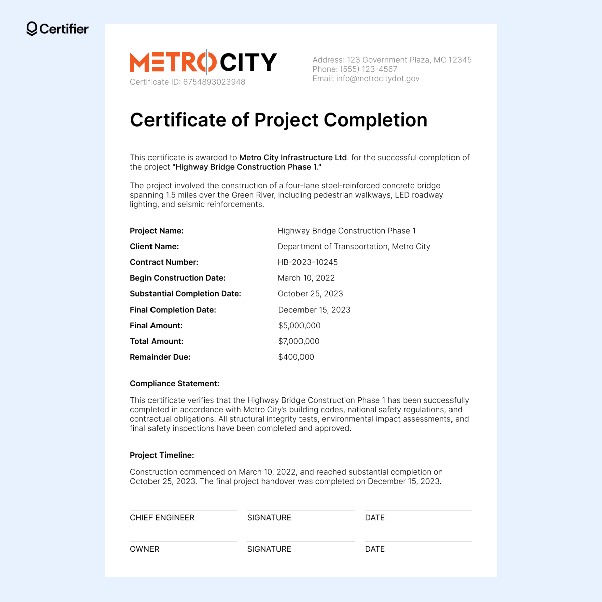A general contractor’s printable certificate of completion construction, ensuring the building completion certificate format aligns with legal requirements and confirming the work performed meets industry standards. A general contractor’s printable certificate of completion construction, ensuring the building completion certificate format aligns with legal requirements and confirming the work performed meets industry standards.