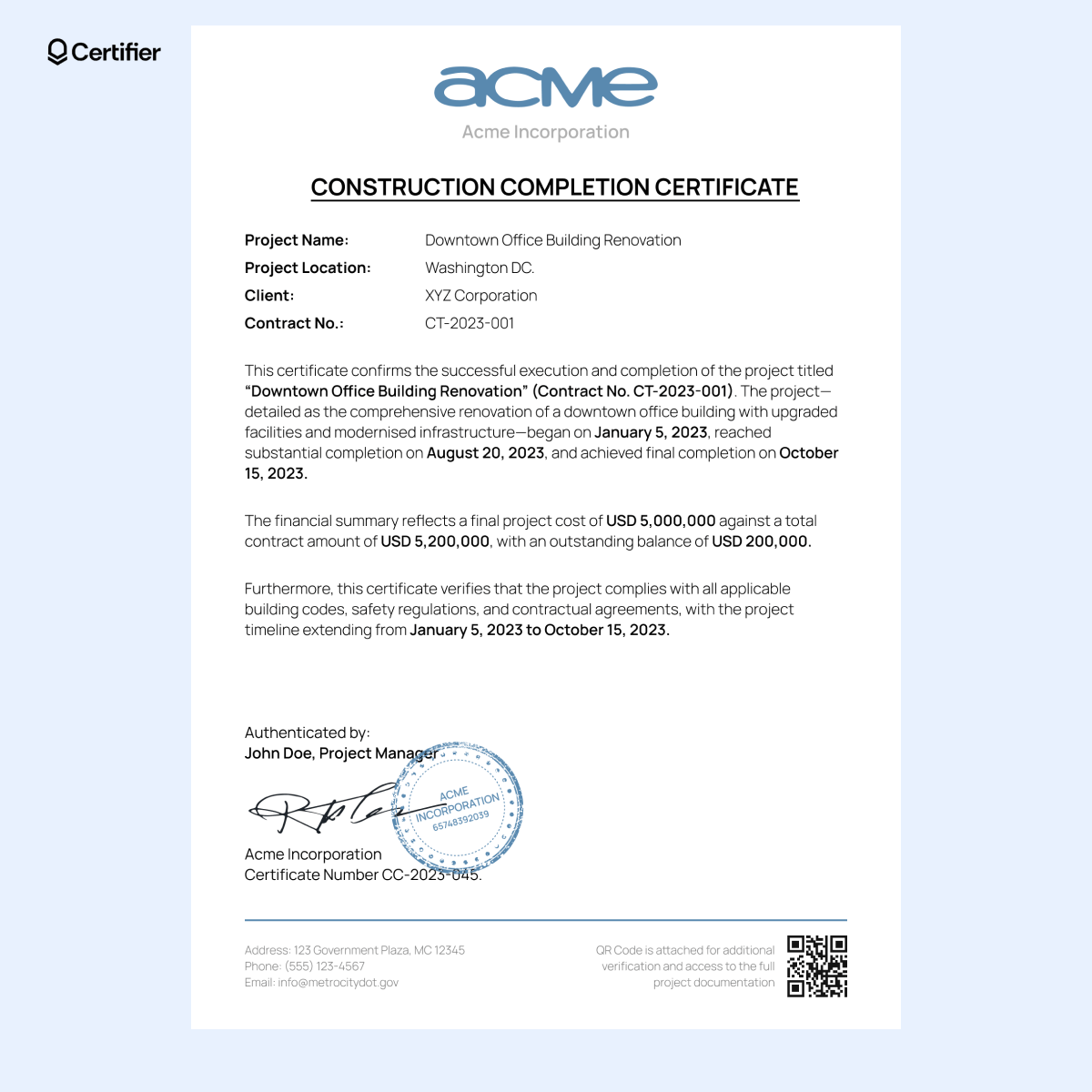 A construction certificate of completion template PDF providing a structured format to verify and document finalized construction work. A construction certificate of completion template PDF providing a structured format to verify and document finalized construction work.