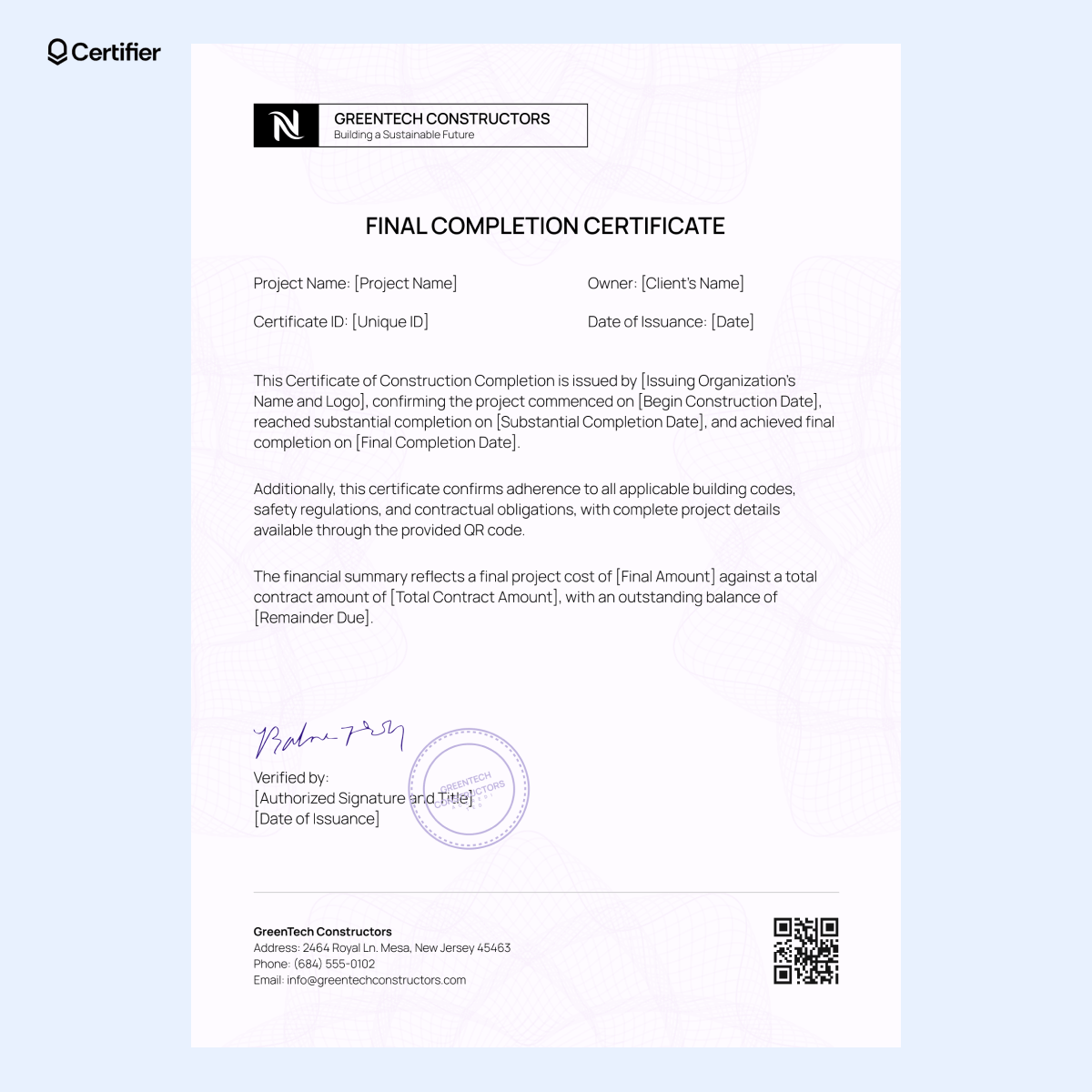 A completion certificate template for construction used to validate and certify that all project specifications and requirements have been fulfilled. A completion certificate template for construction used to validate and certify that all project specifications and requirements have been fulfilled.