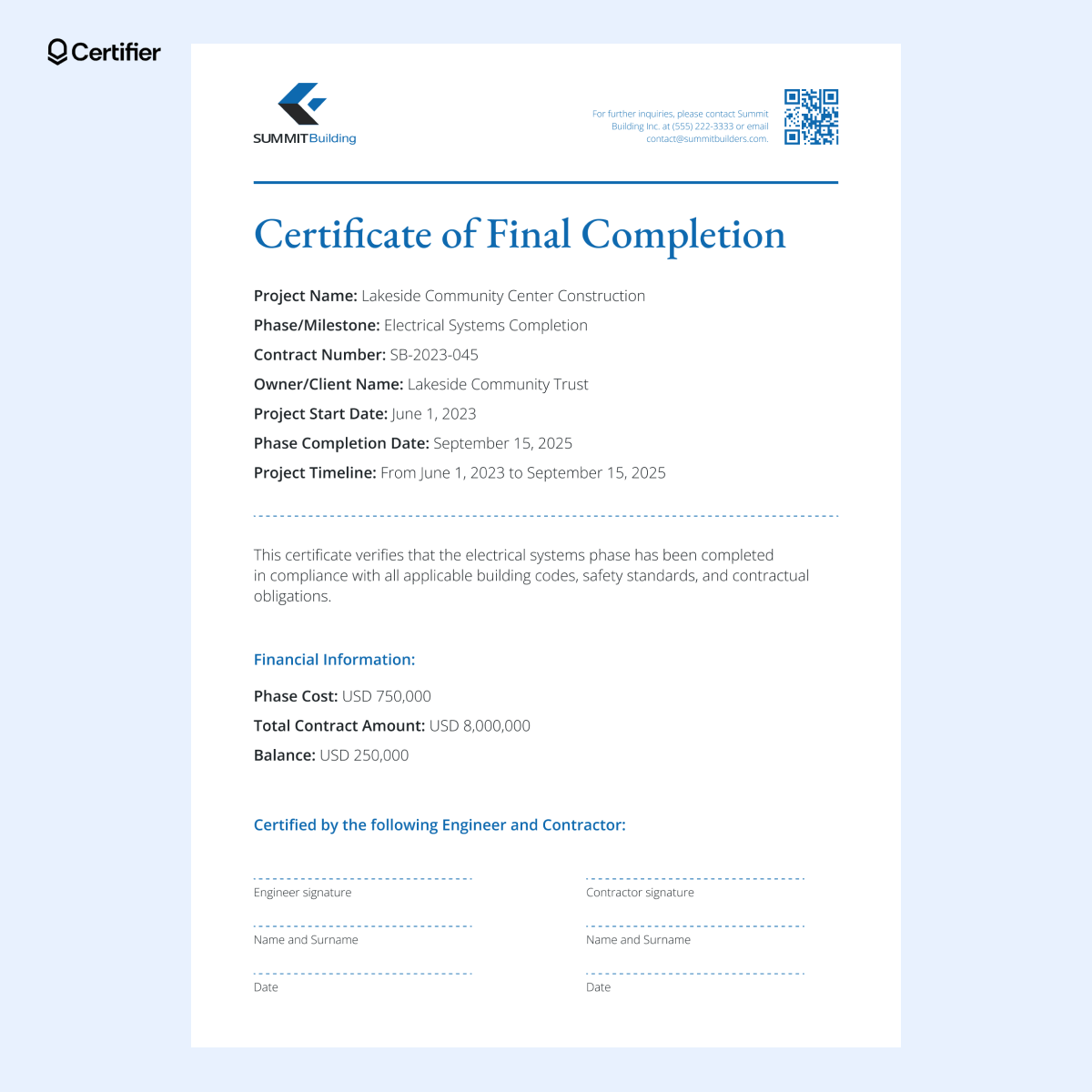 This construction completion certificate template serves as a crucial document verifying the work performed by a general contractor, providing legal proof of the job's completion in accordance with the agreement. This construction completion certificate template serves as a crucial document verifying the work performed by a general contractor, providing legal proof of the job's completion in accordance with the agreement.