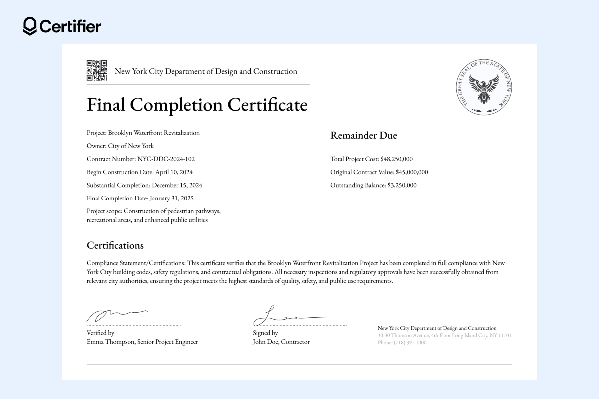 This editable template for a construction certificate of completion provides a legal document proving the job was completed in accordance with regulations, making it essential for project handovers. This editable template for a construction certificate of completion provides a legal document proving the job was completed in accordance with regulations, making it essential for project handovers.