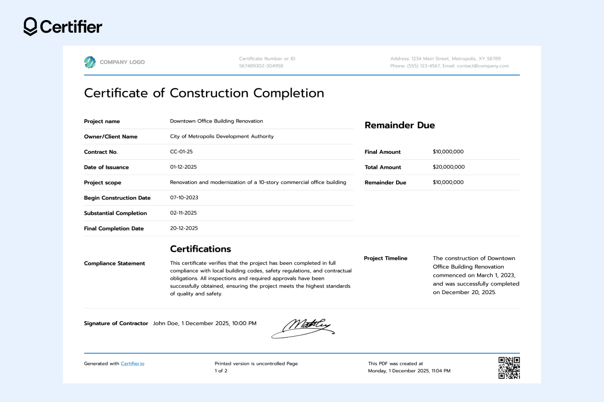 This architect completion certificate is a crucial document providing legal proof of work completed, designed for contracted work in residential and commercial construction projects. This architect completion certificate is a crucial document providing legal proof of work completed, designed for contracted work in residential and commercial construction projects.