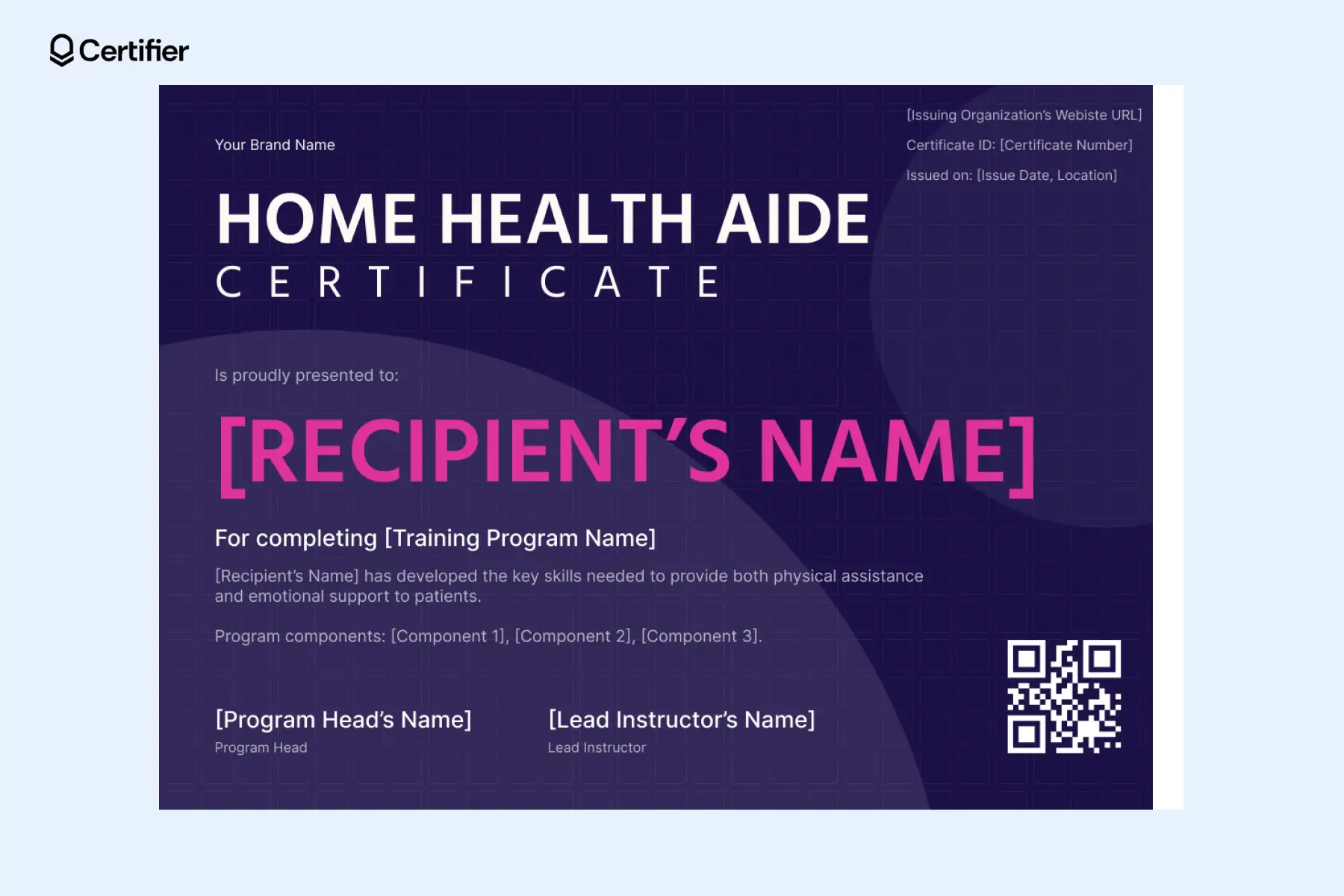 PDF home health aide certificate template with a modern design, editable fields and certification details. PDF home health aide certificate template with a modern design, editable fields and certification details.