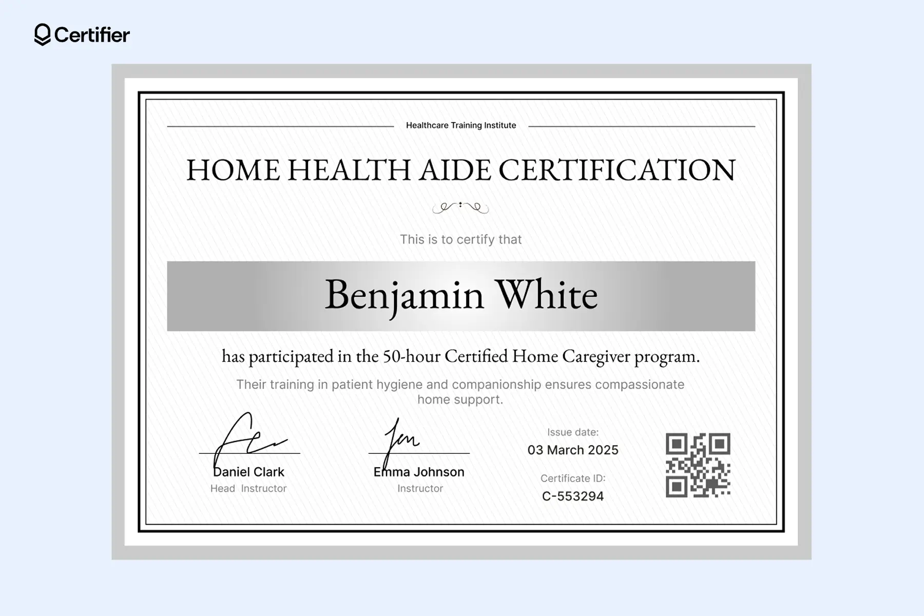 Home health aide certificate template with a minimalist format and editable certification details. Home health aide certificate template with a minimalist format and editable certification details.