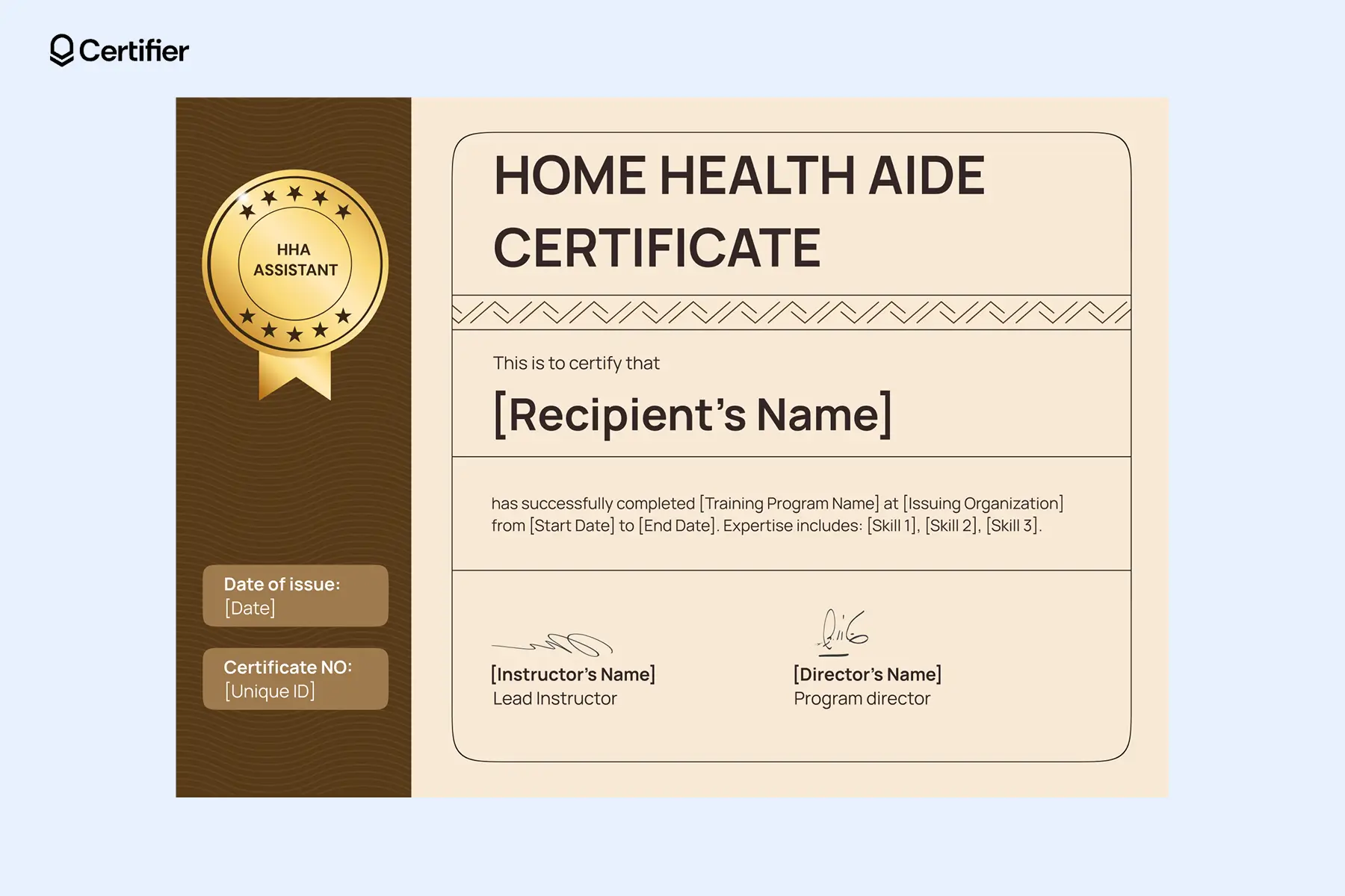 Home health aide certification template with a gold emblem, structured layout and branding space for logos. Home health aide certification template with a gold emblem, structured layout and branding space for logos.