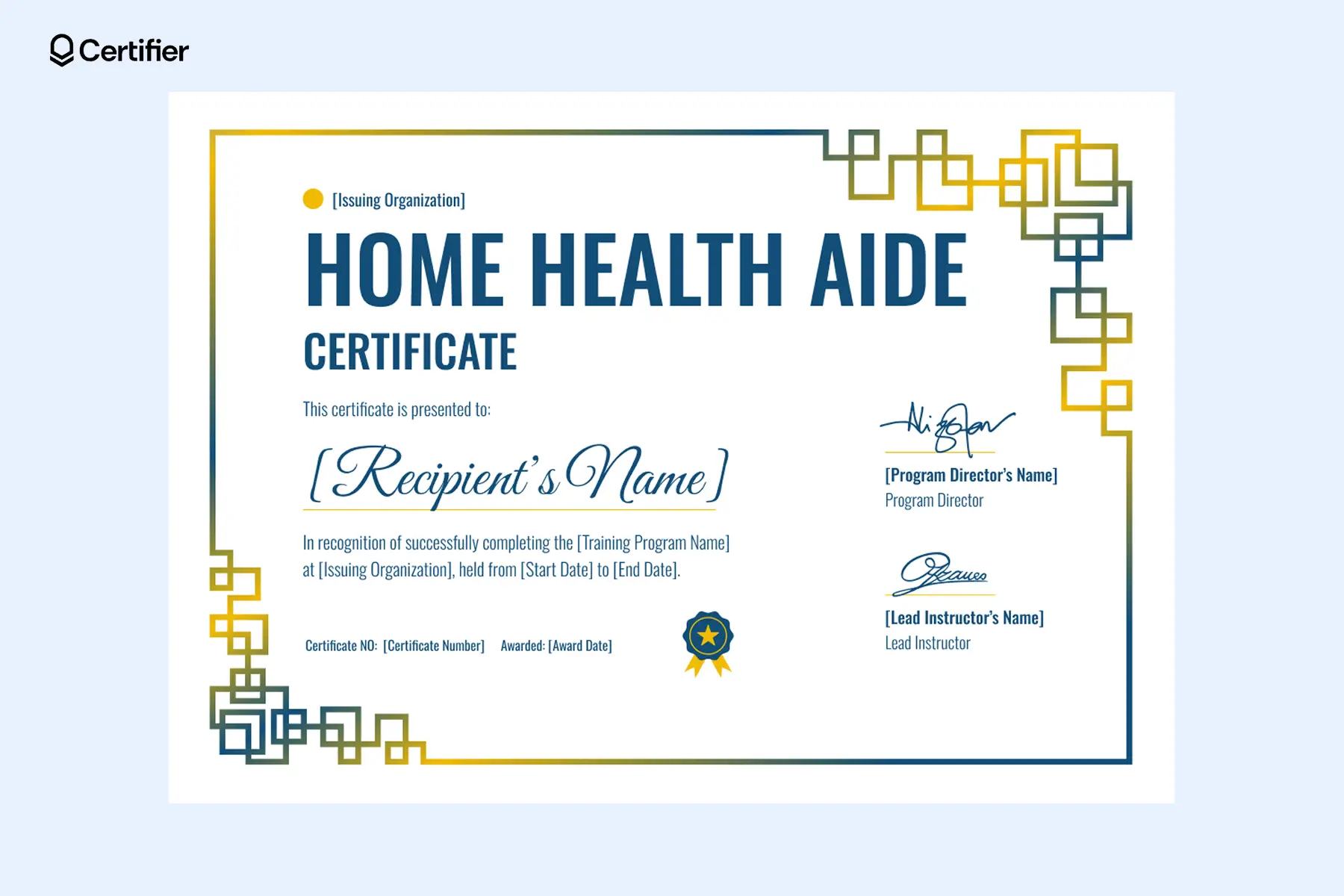 Home health aide certificate template with geometric accents and space for digital signatures. Home health aide certificate template with geometric accents and space for digital signatures.